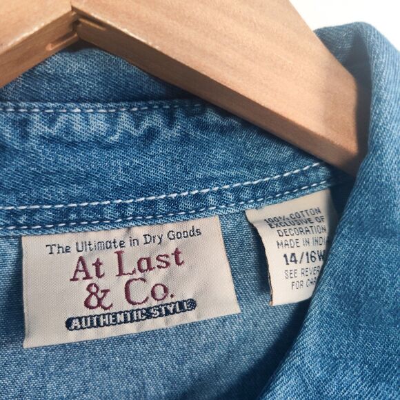 At Last & Co 14 / 16 Cotton Denim Embroidered  Shirt Button Womens Leaf Fall Vtg - Picture 6 of 10